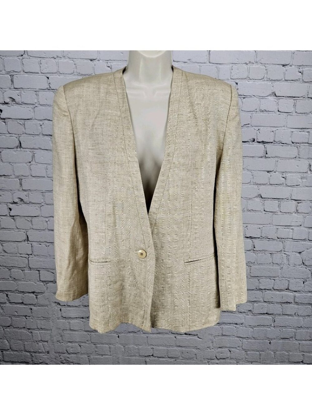VTG Gianni Sport Beige Linen Blend 1 Button Collarless Blazer Suit Jacket USA 10